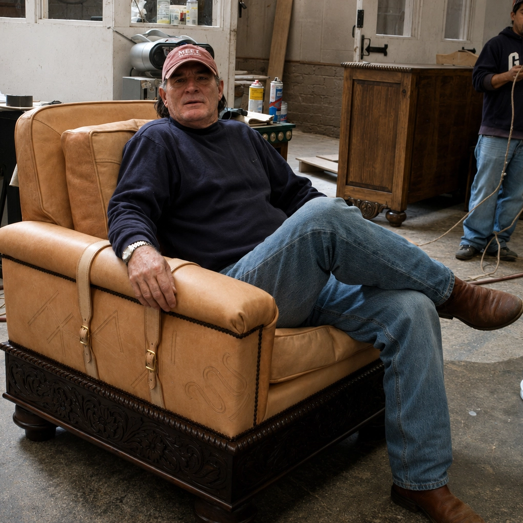 Jorge Kurczyn testing the comfort of a finished chair