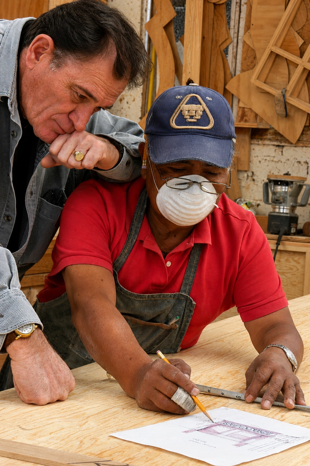 Craftsman reviewing design details with Jorge Kurczyn