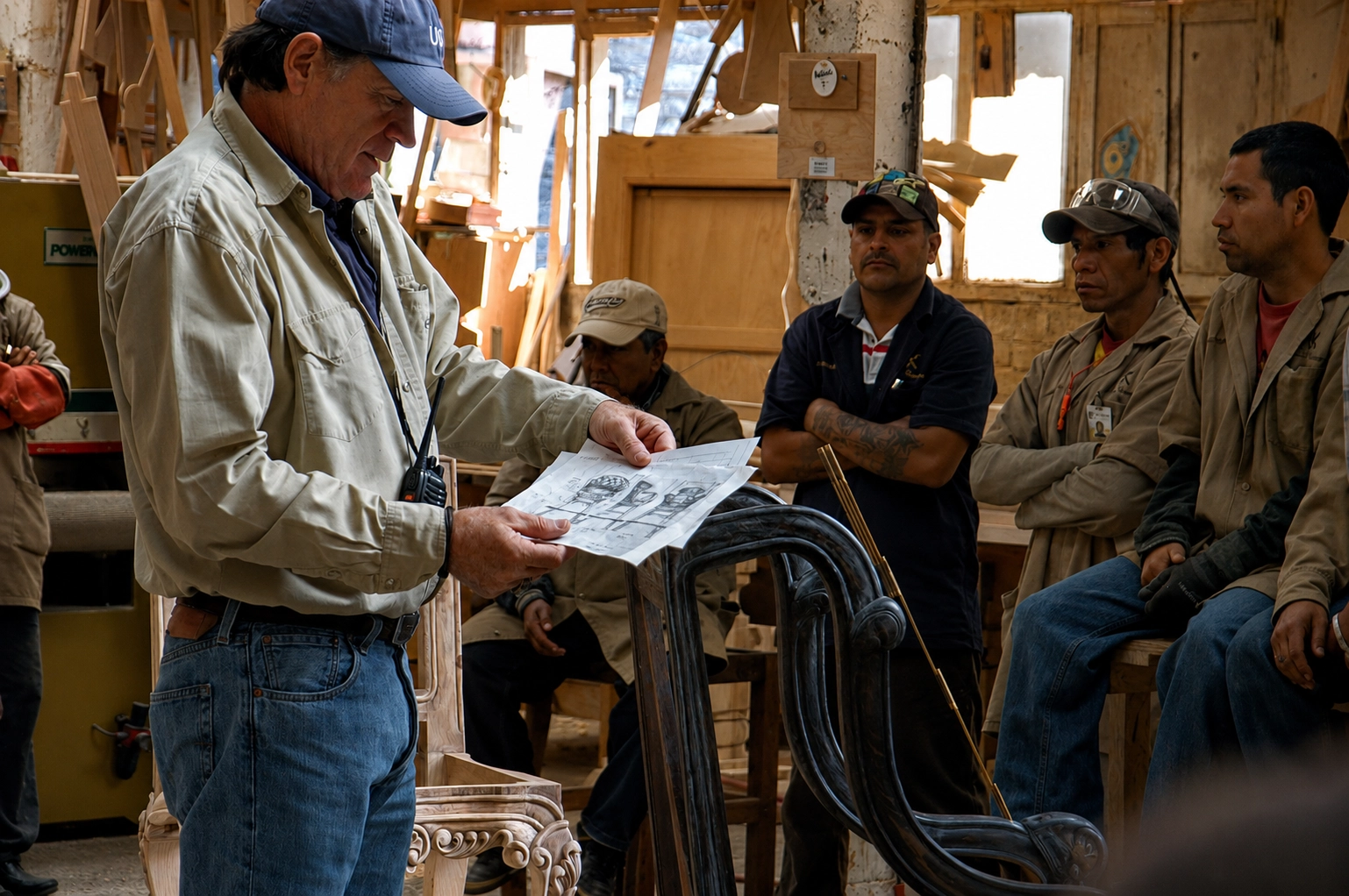 Jorge Kurczyn reviewing a furniture design with his workshop team