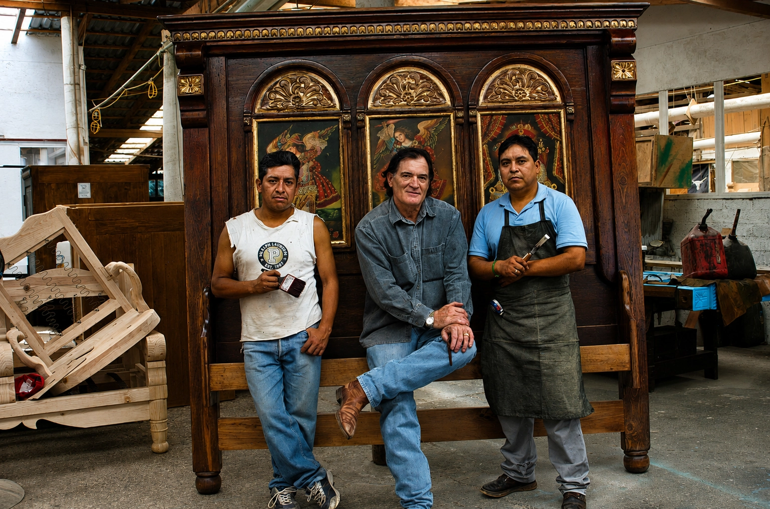 Jorge Kurczyn with the craftsmen who worked on a handcrafted headboard